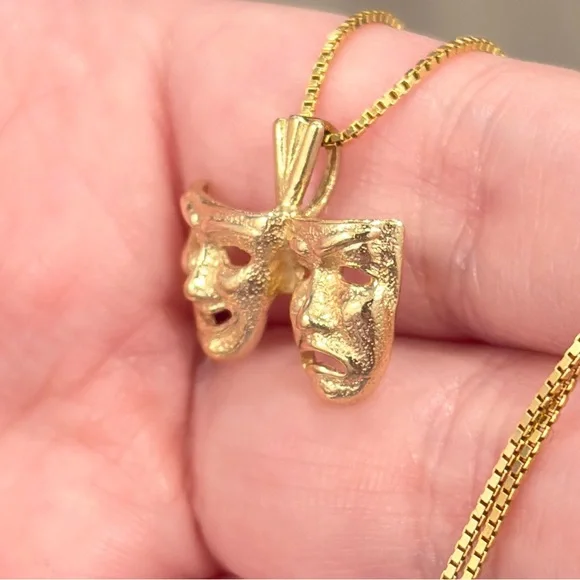 14K Drama Comedy Mask Pendant Yellow Gold Michael Anthony Actor Theater Thespian - Picture 6 of 14